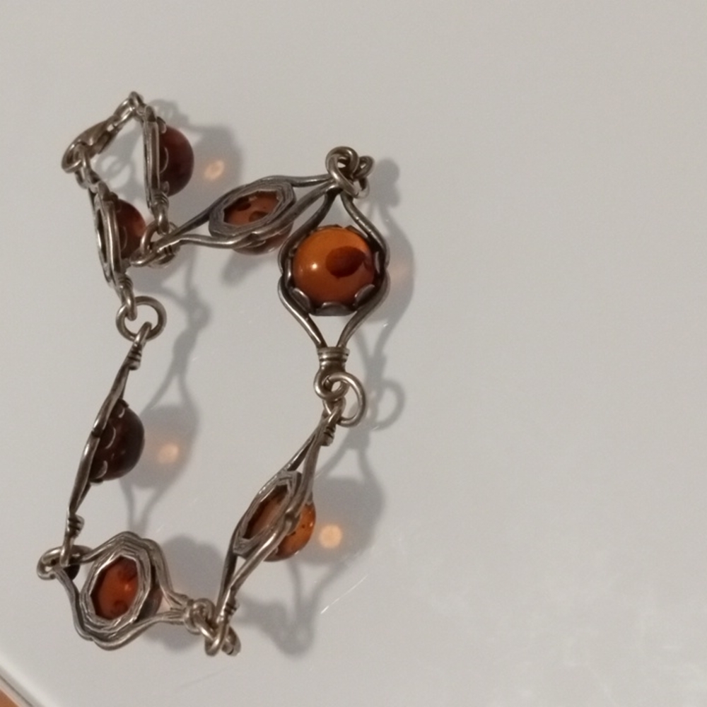 🌻Beautiful Victorian Genuine Sterling Silver & Baltic Amber Link Bracelet - Picture 7 of 12